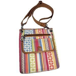 Fossil Canvas Fabric & Leather Crossbody Bag Purse Multicolor Geometric Stripe